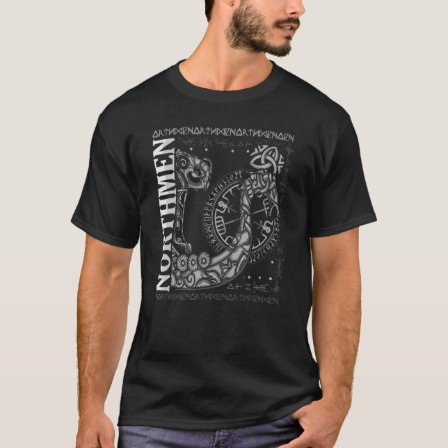Viking Norseman Boat Runes Odins Hammer Norse Com T Shirt (Framsida)