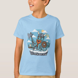 Viking Octopus Cartoon Funny Boys | Girls Skyblue T Shirt