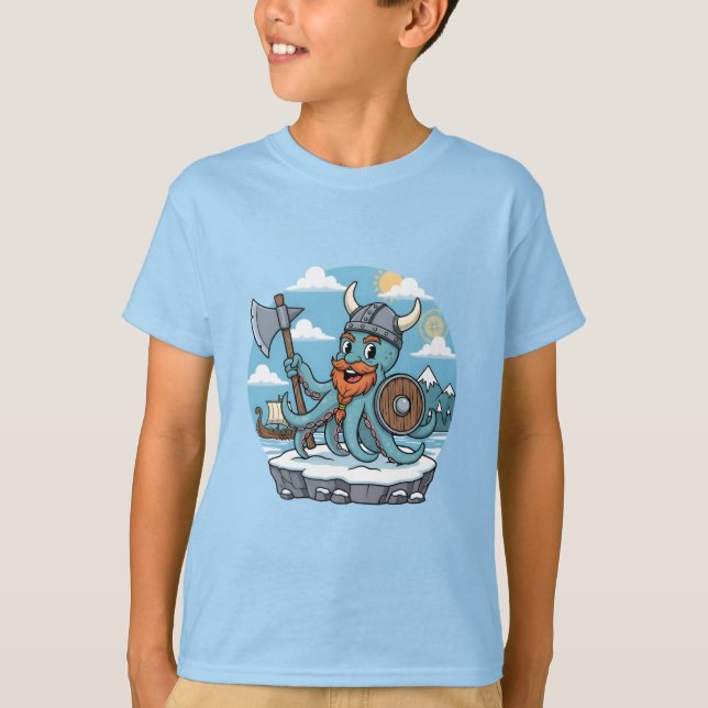 Viking Octopus Cartoon Funny Boys | Girls Skyblue T Shirt (Framsida)