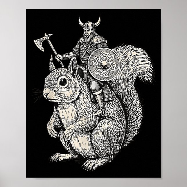 Viking Riding Squirrel Funny Warrior Art  Poster (Framsidan)