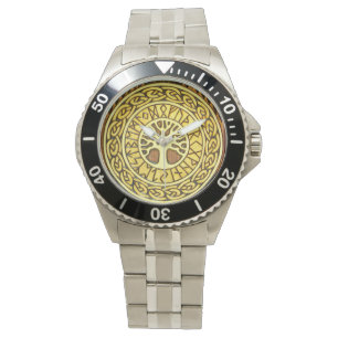 Viking runor med trädrostfritt stålklockan armbandsur
