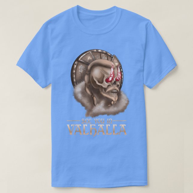 Viking Skeleton Se dig i Valhalla Raven Mytholog T Shirt (Design framsida)