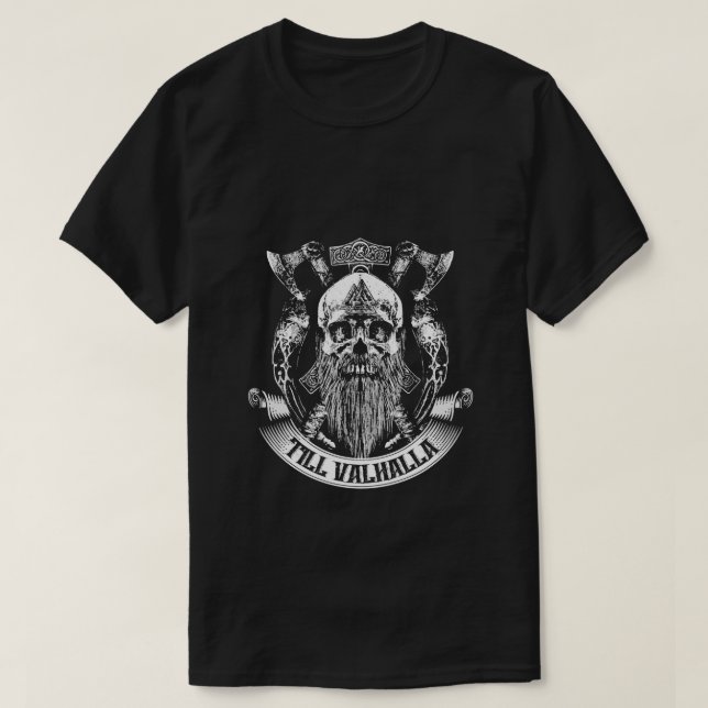 Viking till Valhalla Skull med Ax T Shirt (Design framsida)