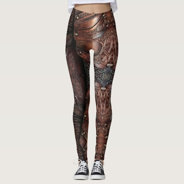 Viking Vest Armor Brown Leather Abstrakt Leggings (Framsida)