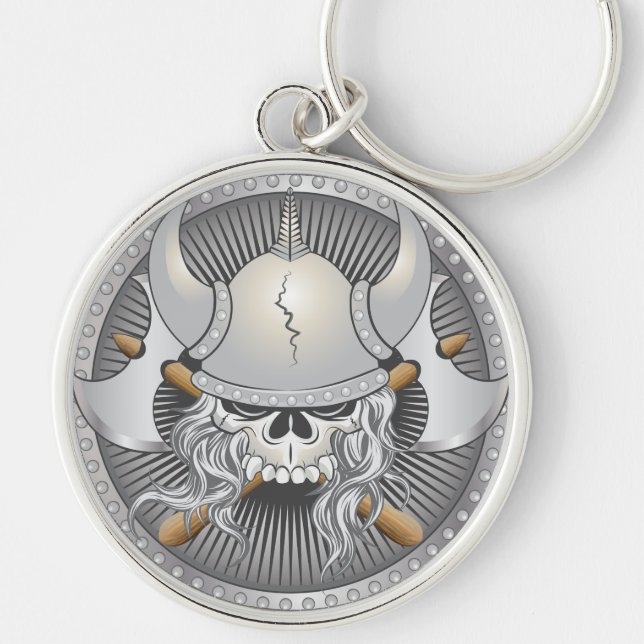 Viking Warrior Skull Rund Silverfärgad Nyckelring (Framsidan)