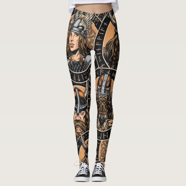 Viking Warriors: Färgfull Vintage Mönster Leggings (Framsida)