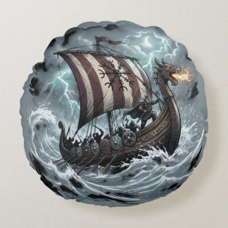 Vikingar på drakskepp rund kudde