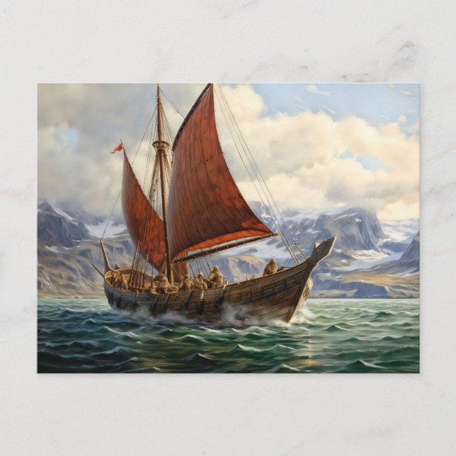 Vikingbåt seglar på nordligt hav. Isländska Vykort (Framsida)