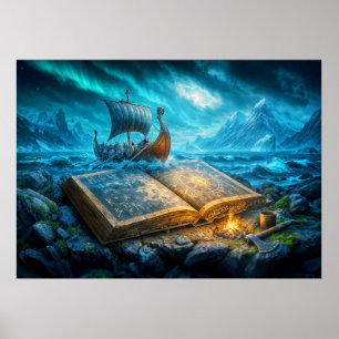 Vikingfartyg seglar från gammal bok poster