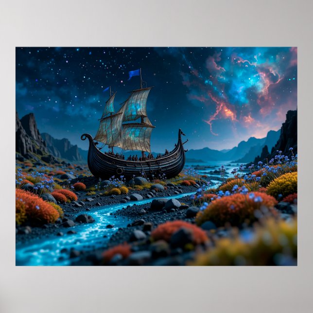 Vikingfartyg under en stjärnig himmel poster (Framsidan)