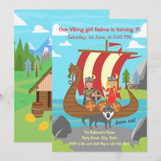 Vikingflicka och pojke på Vikingaskepp födelsedags Inbjudningar (Fram/baksida)