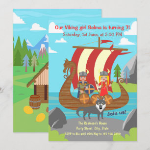 Vikingflicka och pojke på Vikingaskepp födelsedags Inbjudningar