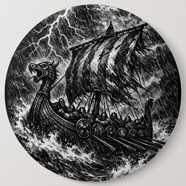 Vikinglångskepp i storm — Ink Saga Art Knapp (Framsida)