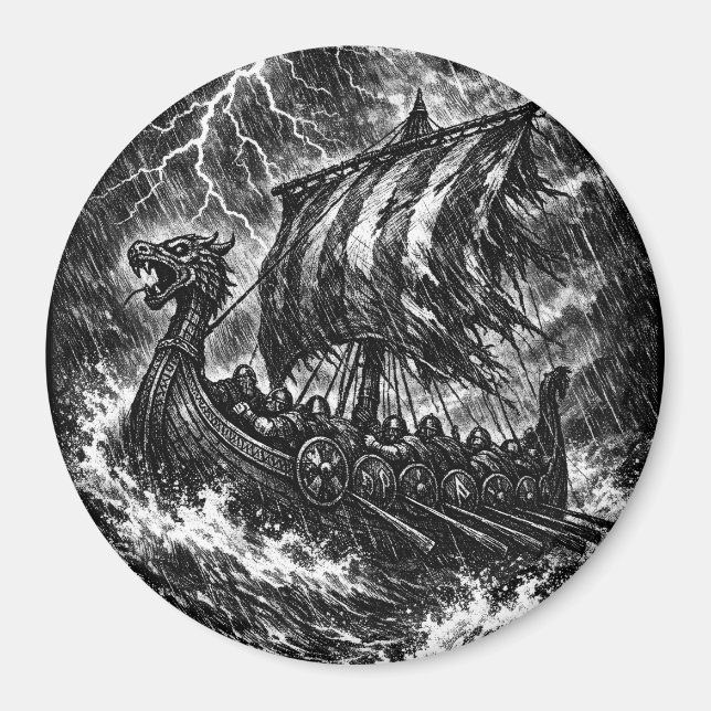 Vikinglångskepp i storm — Ink Saga Art Magnet (Framsidan)