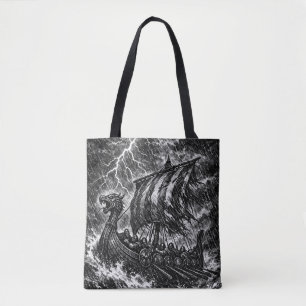 Vikinglångskepp i storm — Ink Saga Art Tygkasse