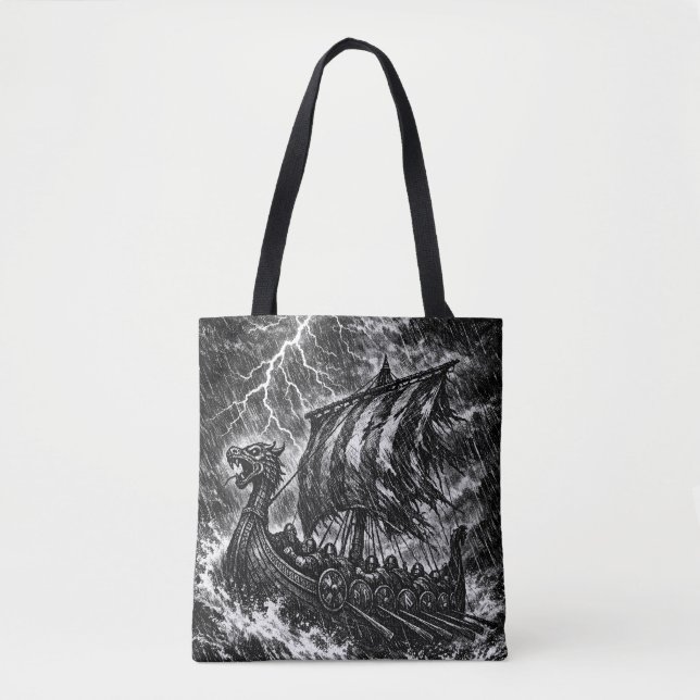 Vikinglångskepp i storm — Ink Saga Art Tygkasse (Framsida)