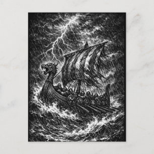 Vikinglångskepp i storm — Ink Saga Art Vykort