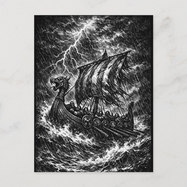 Vikinglångskepp i storm — Ink Saga Art Vykort (Framsida)