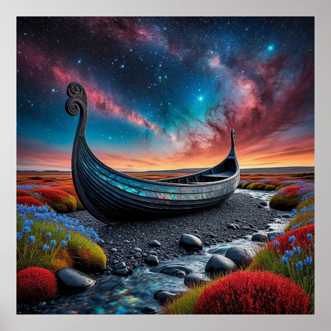 Vikinglångskepp på en livfull landskap poster (Framsidan)