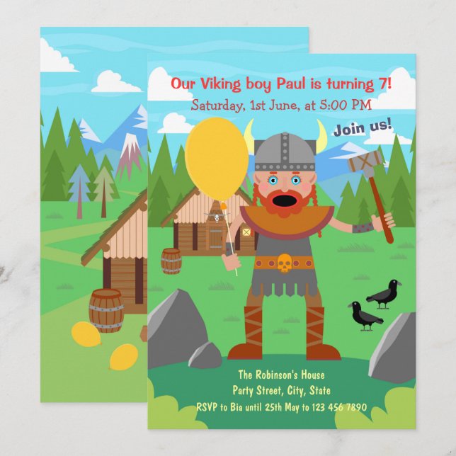 Vikingpappa med ballong ropar till fest inbjudningar (Fram/baksida)