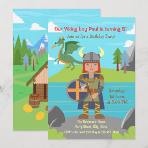 Vikingpojke krigare och drakfödelsedagsfest inbjudningar