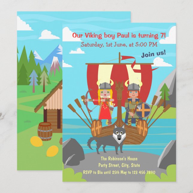 Vikingpojke och vikingflicka på Vikingaskepp födel Inbjudningar (Fram/baksida)