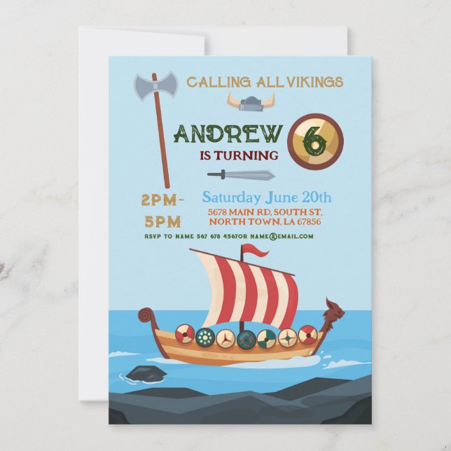 Vikings Birthday Boat Warrior Ax Inbjudningar (Framsida)