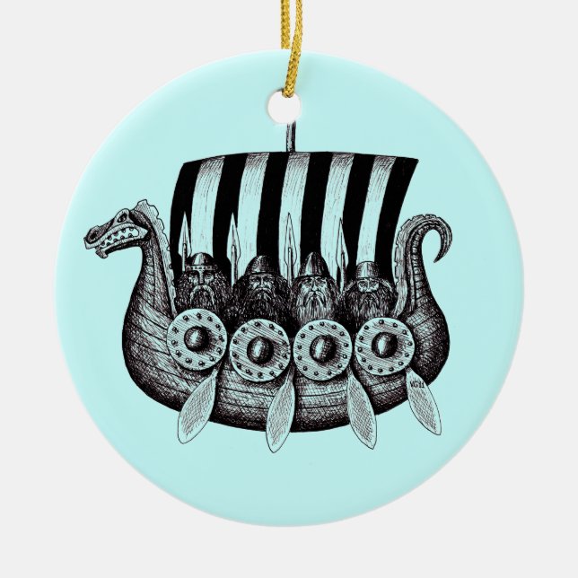 Vikings i svartvita Drekar skrivar bläckteckningen Julgransprydnad Keramik (Framsidan)