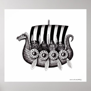 Vikings in Drekar black and white pen bläck teckni Poster