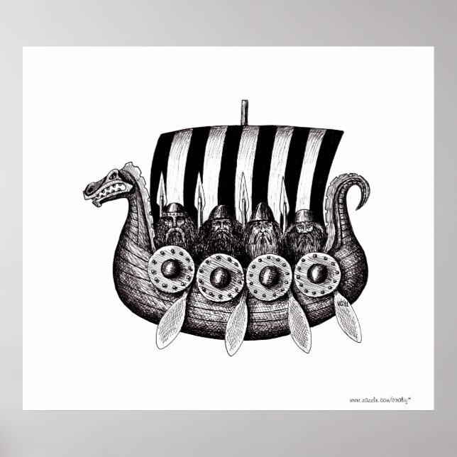 Vikings in Drekar black and white pen bläck teckni Poster (Framsidan)