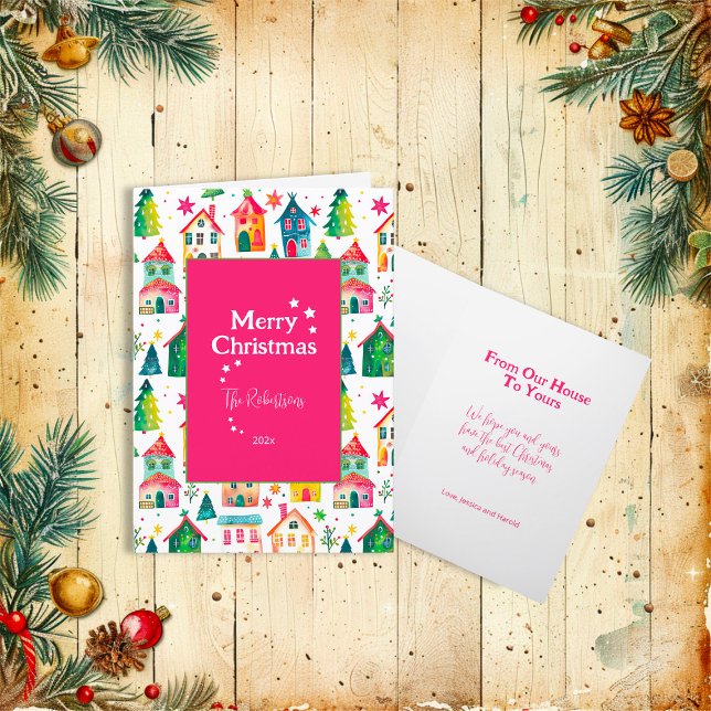 Vikt Helgdag-kort för julhus Helgkort (Cute Christmas Houses "Merry Christmas" Folded Card (magenta))