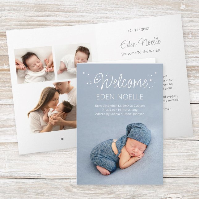 Vikt skript Stars Baby-meddelande, mappat kort (Modern, elegant white calligraphy "Welcome" with stars birth announcement folded photo collage card.)