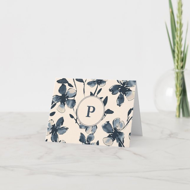 Vikt Tacksamhetskort Monogram Blå Blommor Tack Kort (Framsida)