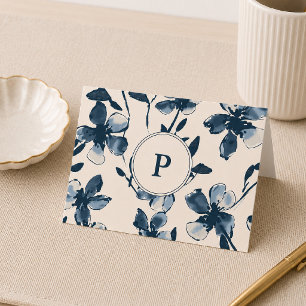 Vikt Tacksamhetskort Monogram Blå Blommor Tack Kort