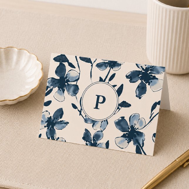 Vikt Tacksamhetskort Monogram Blå Blommor Tack Kort (Skapare uppladdad)