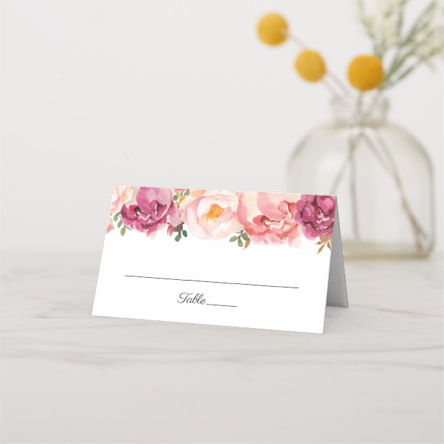Vikta platskort för Rustic Rosa Blommigt Bröllop Placeringskort (Framsida)