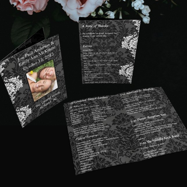Vikta Svarta Grå & Vita Damask Fotobryllop (Skapare uppladdad)