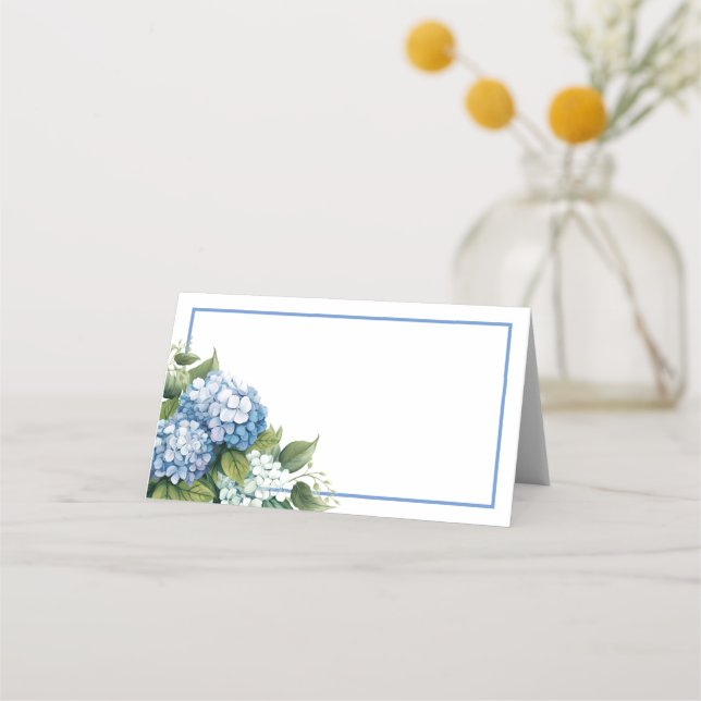 Viktad Namn-platskort - blå Hydrangeas Placeringskort (Framsida)