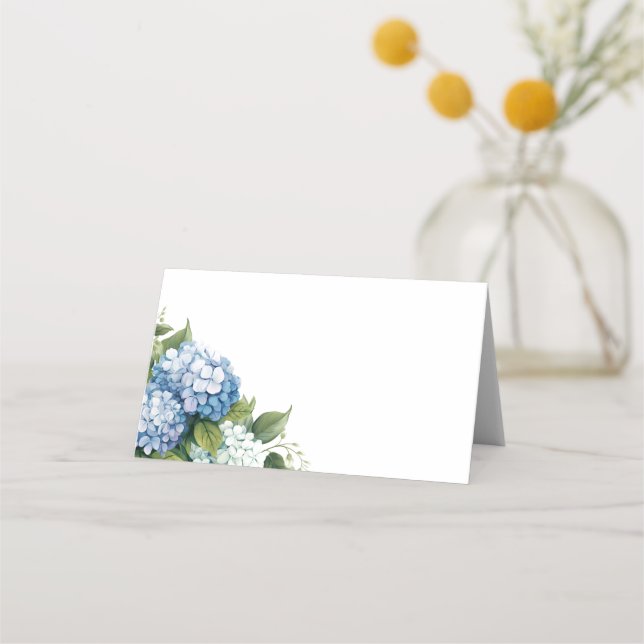 Viktad Namn-platskort - blå Hydrangeas Placeringskort (Framsida)