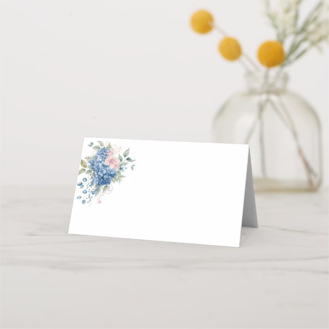 Viktad Namn-platskort - blå Hydrangeas Placeringskort (Framsida)