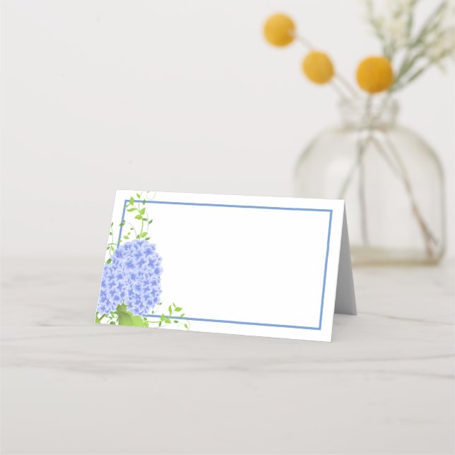 Viktad Namn-platskort - blå Hydrangeas Placeringskort (Framsida)