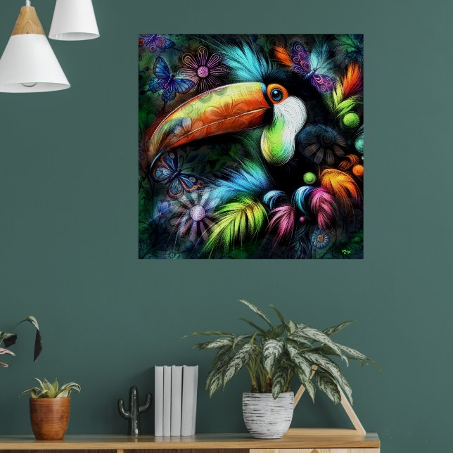 Viktig Abstrakt Toucan Bird Toucans Teal Orange Poster (Vardagsrum 1)