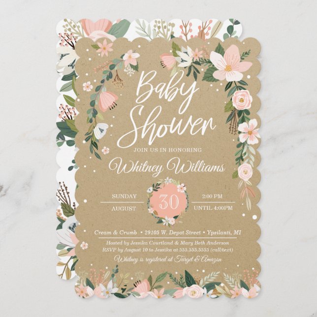 Viktig Blommigt  Rosa Vita Flickbabyskor Inbjudningar (Fram/baksida)