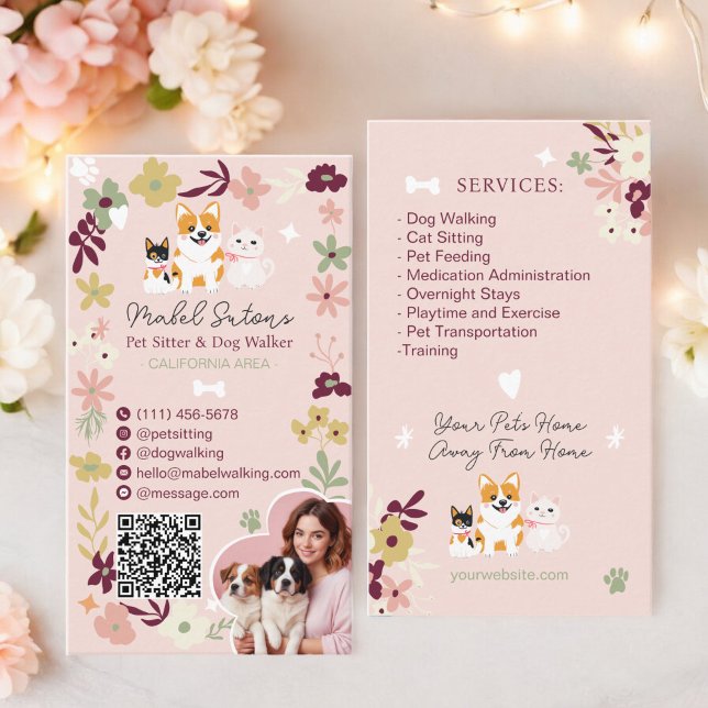 Viktig blommigt, söt knarkare för barnvakt visitkort (Whimsical floral cute classy pet sitter dog walker business card)