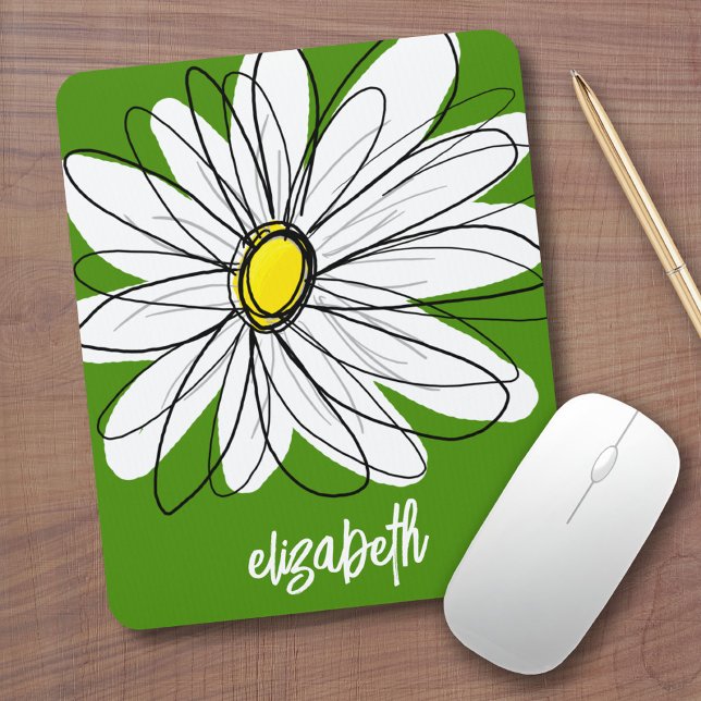 Viktig Daisy - avokado grönt-trendig-skript namn Musmatta (Custom Mouse Pad - Add Name to this whimsical daisy design)