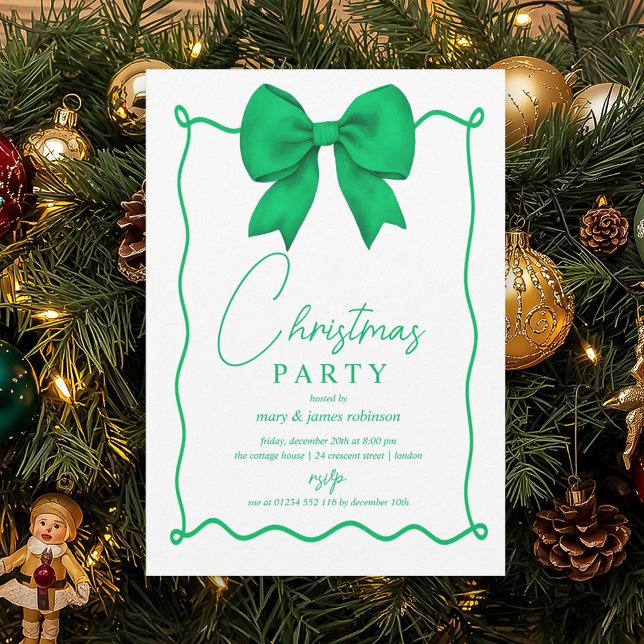 Viktig Grönt Bow-Julfesten Inbjudningar (Whimsical Green Bow Christmas Holiday Party Invitation)