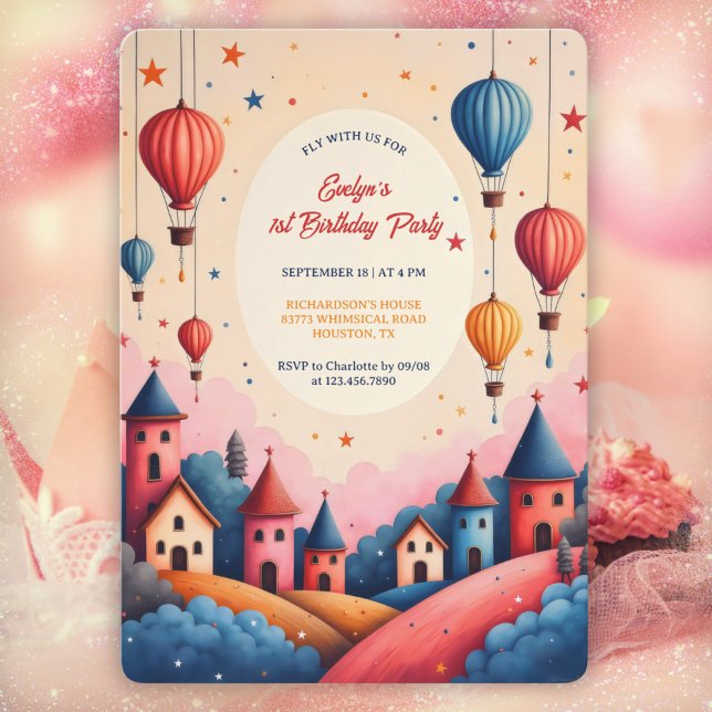 Viktig Luftballong 1:a födelsedag Party Inbjudningar (Whimsical Hot Air Balloon 1st Birthday Party Invitation  Personalized Girl’s Party Invite)