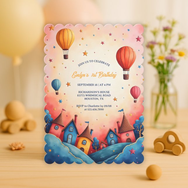 Viktig Luftballong 1:a födelsedagen Inbjudningar (Whimsical Hot Air Balloon 1st Birthday Invitation)