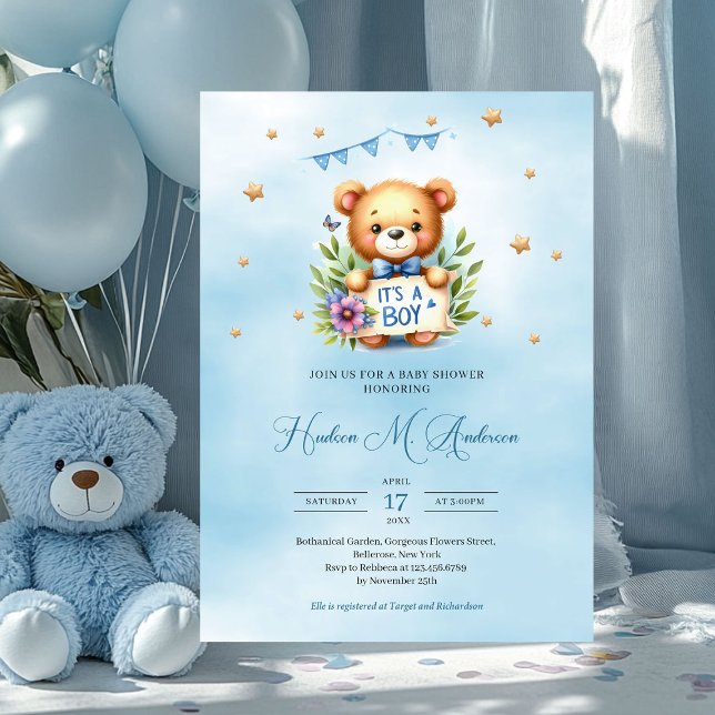 Viktig nalle... Det är en pojkbabydusch Inbjudningar (teddy bear with ribbon it's a boy baby shower invitation)