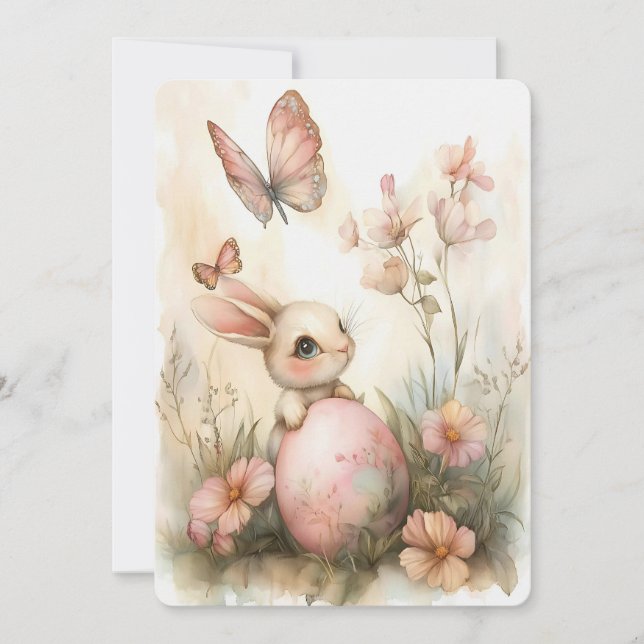 Viktig Påskhare med Butterflies  Rosa Julkort (Framsida)